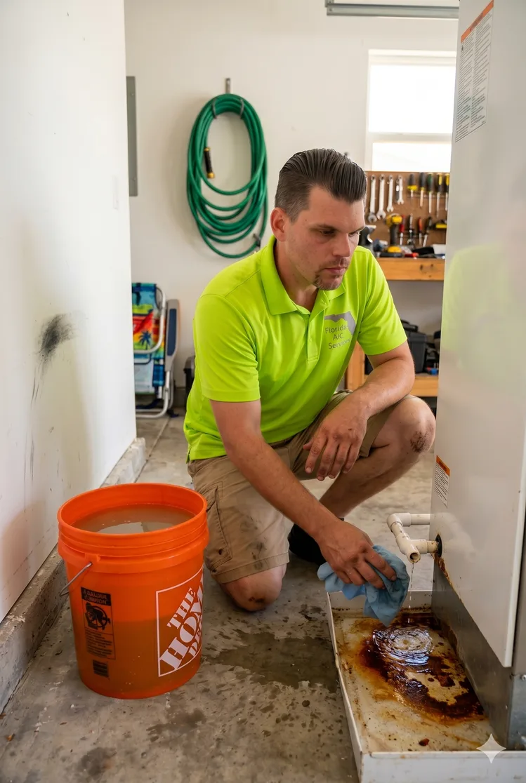 A Florida A/C Services technician servicing an AC unit at a customer's home