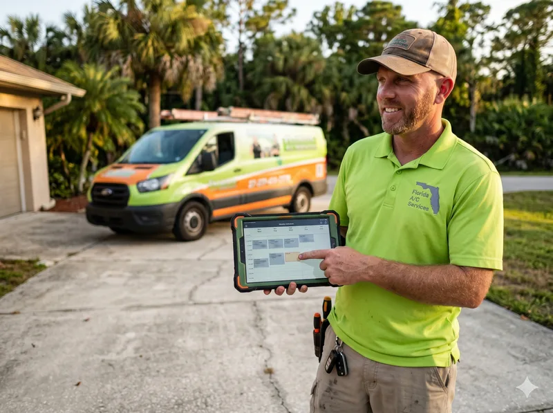 Florida A/C technician reviewing your new-system install plan on a tablet in front of an Ocala home