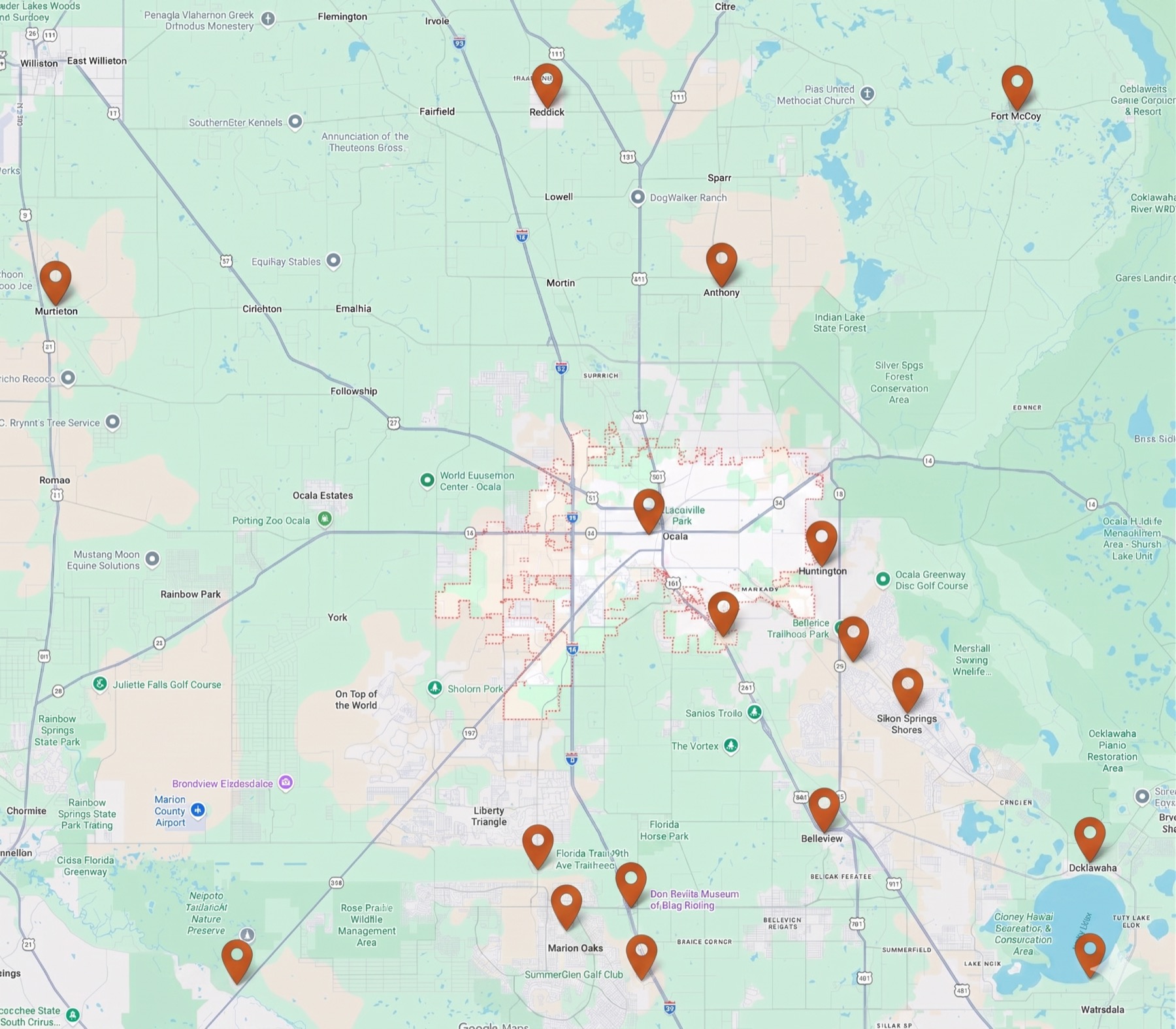 Florida A/C Services service area covering Ocala and all of Marion County, FL